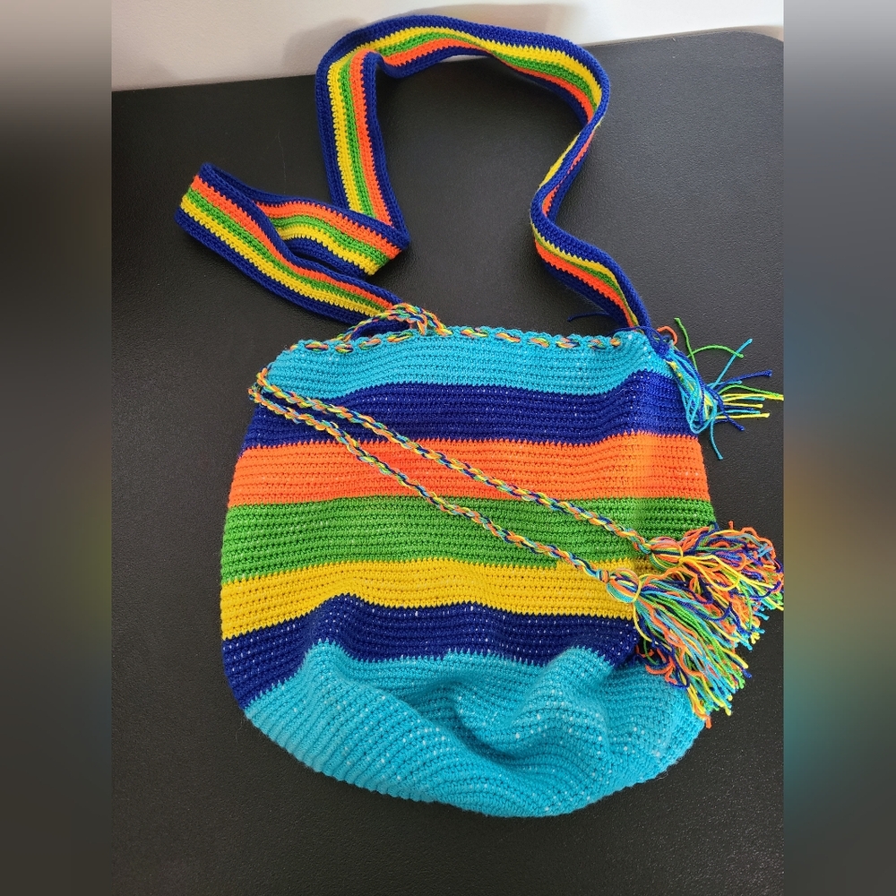 Handmade Wayuu Style Colorful Striped Crochet Hippie Boho Bucket Crossbody Bag